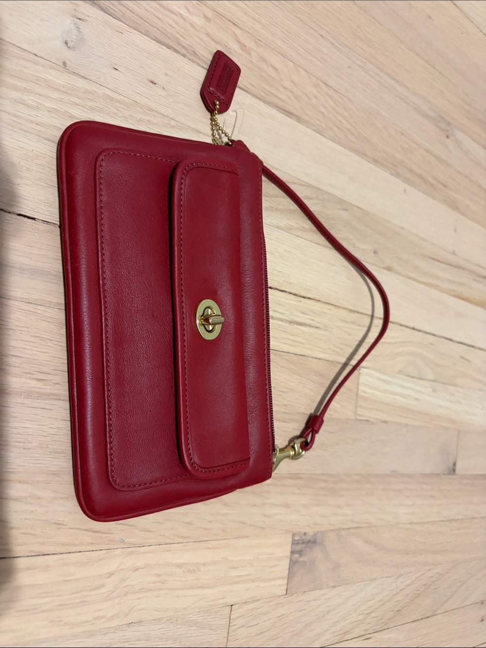 Coach Red Leather Wristlet with Gold Turnlock